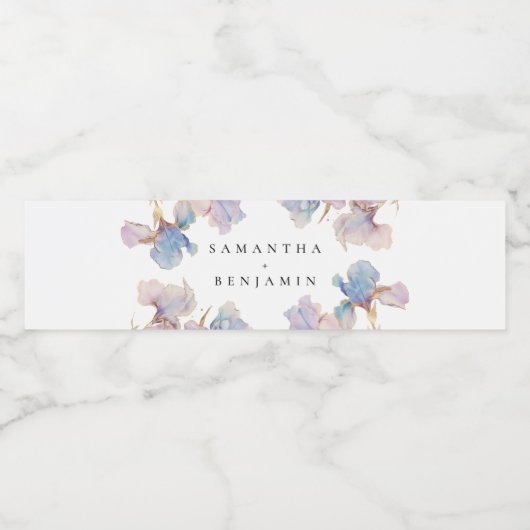 Elegante iris bloemenbruiloft waterfles etiket (Enkel label)