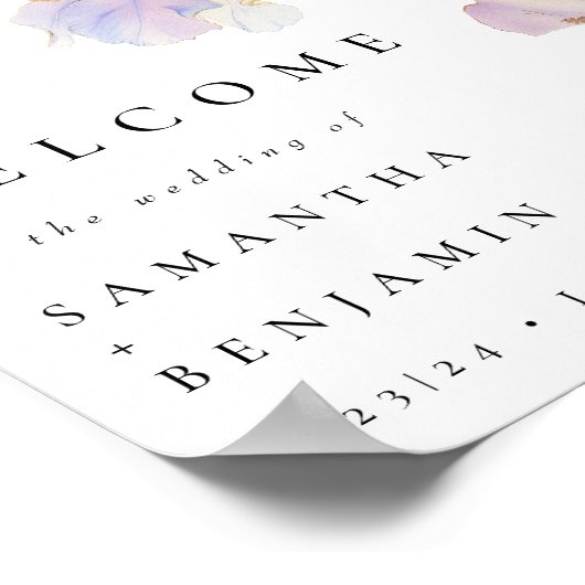 Elegante Iris bloemenbruiloft welkom Poster (Hoek)