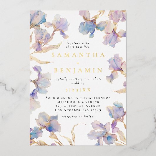 Elegante iris bruiloft folie uitnodiging (Voorkant)