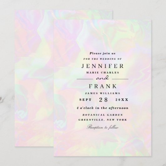 Elegante iriserende holografische moderne bruiloft kaart (Voorkant / Achterkant)