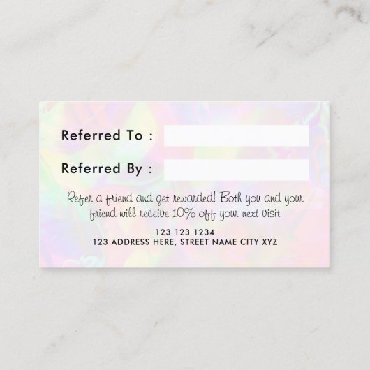 Elegante iriserende holografische pastel aanbevelingskaartje (Achterkant)