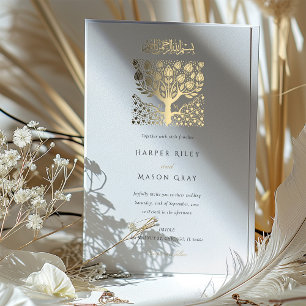 Elegante islamitische beige ivoren boom liefde bru folie uitnodiging