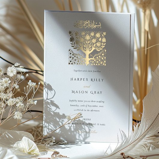 Elegante islamitische beige ivoren boom liefde bru folie uitnodiging