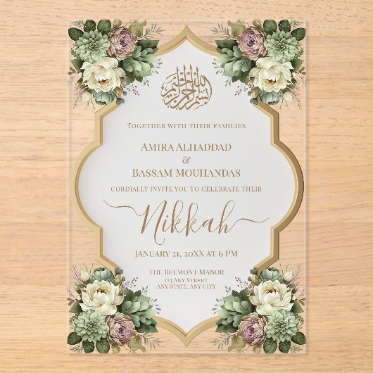 Elegante Islamitische Bloemen Nikkah Acryl Uitnodigingen (Voorkant)