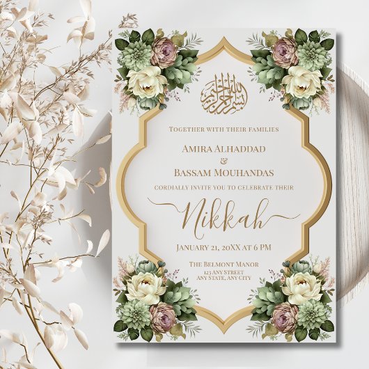 Elegante Islamitische Bloemen Nikkah Kaart