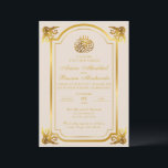 Elegante Islamitische Bruiloft Beige en Goud Kaart<br><div class="desc">Dit mooie, elegante ontwerp is voorzien van ingewikkelde antiek gouden bladeren en een gouden lijst tegen een beige achtergrond. De achterkant heeft een geborsteld goud metallic effect ontwerp. De woorden "In de naam van Allah, de meest genadige en de meest genadige" worden bovenaan weergegeven in de Arabische kalligrafie. U kunt...</div>