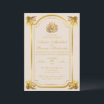 Elegante Islamitische Bruiloft Beige en Goud Kaart<br><div class="desc">Dit mooie, elegante ontwerp is voorzien van ingewikkelde antiek gouden bladeren en een gouden lijst tegen een beige achtergrond. De achterkant heeft een geborsteld goud metallic effect ontwerp. De woorden "In de naam van Allah, de meest genadige en de meest genadige" worden bovenaan weergegeven in de Arabische kalligrafie. U kunt...</div>