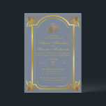 Elegante Islamitische Bruiloft Leisteen Blauw en G Kaart<br><div class="desc">Dit mooie, elegante ontwerp is voorzien van ingewikkelde antiek gouden bladeren en een gouden lijst tegen een leiblauwe achtergrond. De achterkant heeft een geborsteld goud metallic effect ontwerp. De woorden "In de naam van Allah, de meest genadige en de meest genadige" worden bovenaan weergegeven in de Arabische kalligrafie. U kunt...</div>