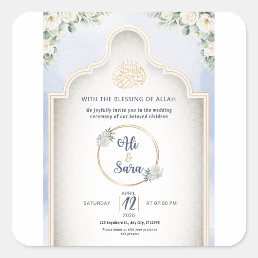 Elegante islamitische trouwkaart Moslim uitnodigin Vierkante Sticker (Voorkant)