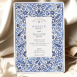 Elegante Italiaans Blauwe Tegel Waterverf bruiloft Kaart