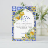 Elegante Italiaanse blauwe tegel citroenen bruidsd Bedankkaart (Staand voorkant)
