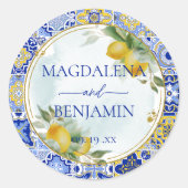 Elegante Italiaanse Blauwe Tegel Citroenen Trouwna Ronde Sticker (Voorkant)