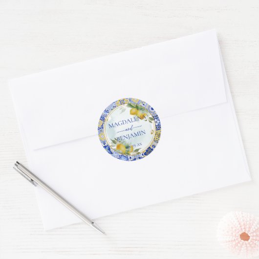 Elegante Italiaanse Blauwe Tegel Citroenen Trouwna Ronde Sticker (Envelop)