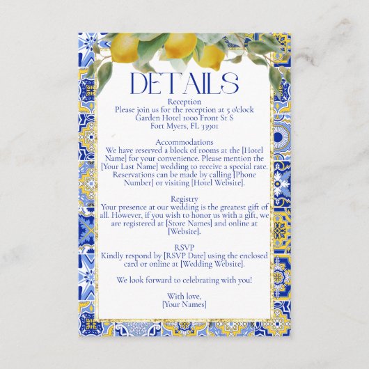 Elegante Italiaanse Blauwe Tegel Citrus bruiloft Informatiekaartje (Voorkant)
