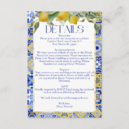 Elegante Italiaanse Blauwe Tegel Citrus bruiloft Informatiekaartje