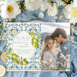 Elegante Italiaanse Blauwe Tegel Lemon Wedding Aankondigingskaart