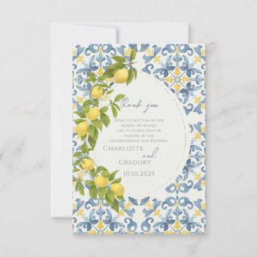 Elegante Italiaanse Blauwe Tegel Lemon Wedding Bedankkaart (Voorkant)