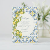 Elegante Italiaanse Blauwe Tegel Lemon Wedding Bedankkaart (Staand voorkant)