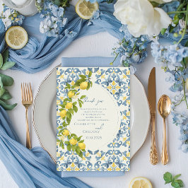 Elegante Italiaanse Blauwe Tegel Lemon Wedding Bedankkaart