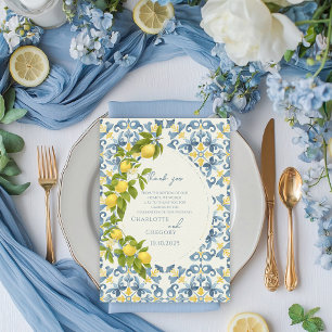 Elegante Italiaanse Blauwe Tegel Lemon Wedding Bedankkaart