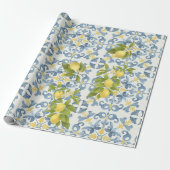 Elegante Italiaanse Blauwe Tegel Lemon Wedding Cadeaupapier (Uitgerold)