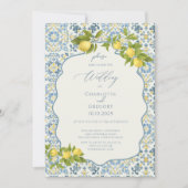 Elegante Italiaanse Blauwe Tegel Lemon Wedding Kaart (Voorkant)