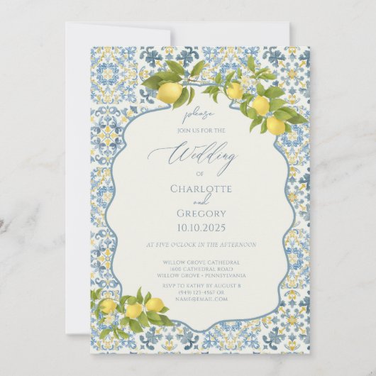 Elegante Italiaanse Blauwe Tegel Lemon Wedding Kaart (Voorkant)
