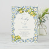 Elegante Italiaanse Blauwe Tegel Lemon Wedding Kaart (Staand voorkant)