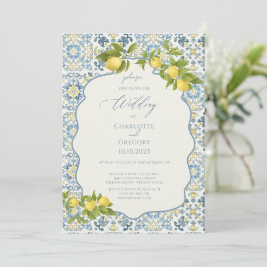 Elegante Italiaanse Blauwe Tegel Lemon Wedding Kaart (Staand voorkant)