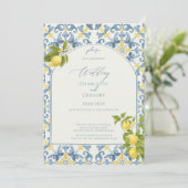 Elegante Italiaanse Blauwe Tegel Lemon Wedding Kaart (Staand voorkant)