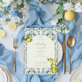 Elegante Italiaanse Blauwe Tegel Lemon Wedding Kaart