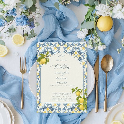 Elegante Italiaanse Blauwe Tegel Lemon Wedding Kaart