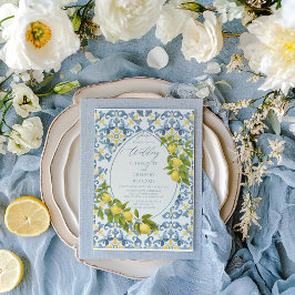 Elegante Italiaanse Blauwe Tegel Lemon Wedding Kaart