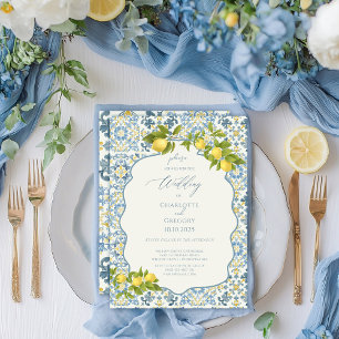 Elegante Italiaanse Blauwe Tegel Lemon Wedding Kaart
