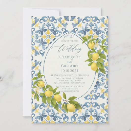 Elegante Italiaanse Blauwe Tegel Lemon Wedding Kaart (Voorkant)