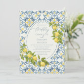 Elegante Italiaanse Blauwe Tegel Lemon Wedding Kaart (Staand voorkant)