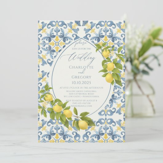 Elegante Italiaanse Blauwe Tegel Lemon Wedding Kaart (Staand voorkant)
