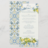 Elegante Italiaanse Blauwe Tegel Lemon Wedding Menu (Voorkant / Achterkant)