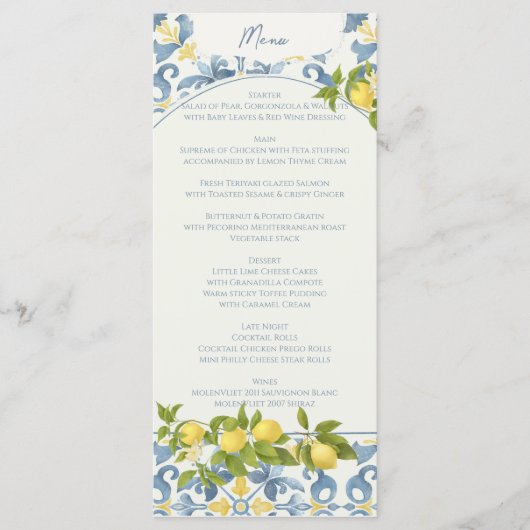 Elegante Italiaanse Blauwe Tegel Lemon Wedding Menu (Voorkant)