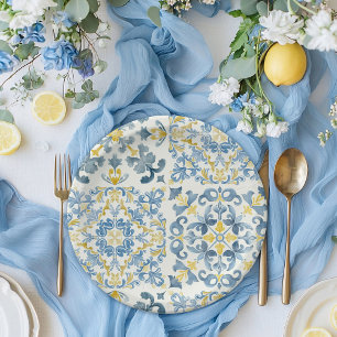 Elegante Italiaanse Blauwe Tegel Lemon Wedding Papieren Bordje
