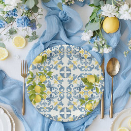 Elegante Italiaanse Blauwe Tegel Lemon Wedding Papieren Bordje