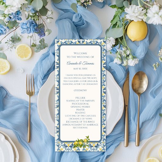 Elegante Italiaanse Blauwe Tegel Lemon Wedding Programmakaart