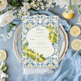 Elegante Italiaanse Blauwe Tegel Lemon Wedding RSVP Kaartje