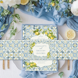 Elegante Italiaanse Blauwe Tegel Lemon Wedding Uitnodigingen Wikkel