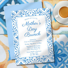 Elegante Italiaanse Blauwe Tegels Moederdag Brunch Kaart
