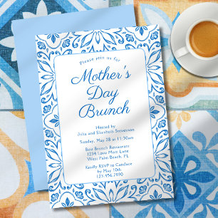 Elegante Italiaanse Blauwe Tegels Moederdag Brunch Kaart