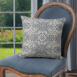 Elegante Italiaanse Damask in Slate Blue en Cream Kussen