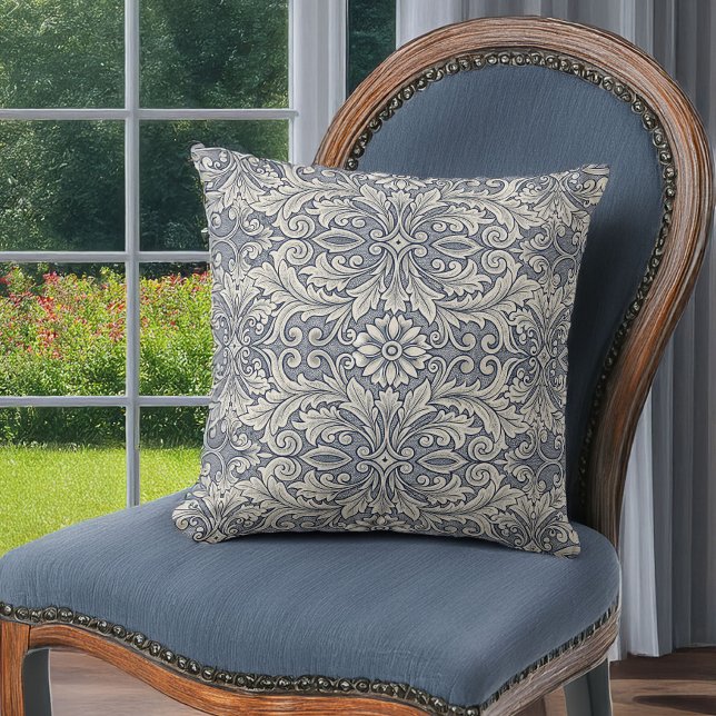 Elegante Italiaanse Damask in Slate Blue en Cream Kussen (Creator heeft geüpload)