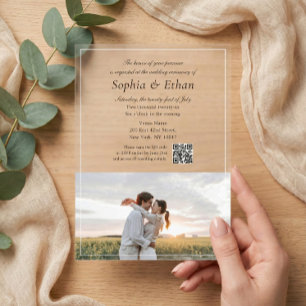 Elegante Italiaanse script foto QR-code Acryl Uitnodigingen