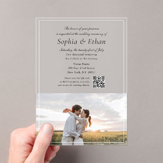 Elegante Italiaanse script foto QR-code Acryl Uitnodigingen (Insitu (Draagbaar))